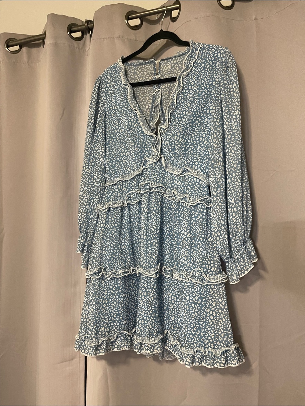 Blue Floral Ruffle Tiered Long-Sleeve Dress